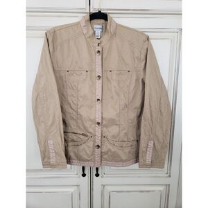 Chicos Khaki Utility Jackets‎ Sz 2 Button Snaps Pockets Cargo Shiny Textured